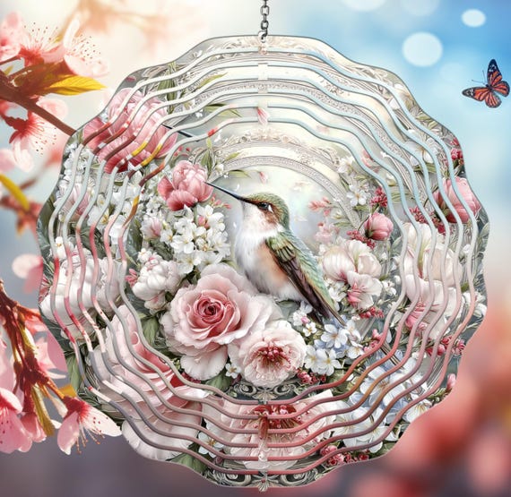 Gorgeous Hummingbird/Floral Wind Spinner, Choice of 8" or 10", FAST SHIPPING!