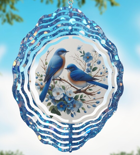 Pair of pretty blue birds, 10" Wind Spinners, All Weather, Item #SP278, Optional Spiral Tail Available, FAST SHIPPING!