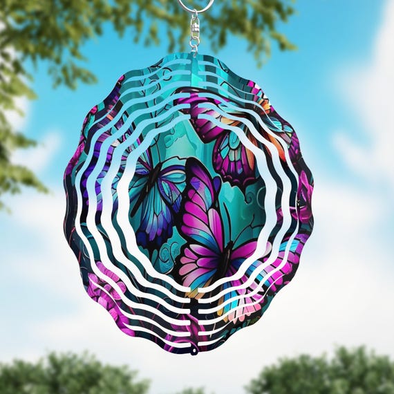 Vibrant Butterflies on your choice of 8" or 10" Wind Spinner. Optional Spiral Tail Available, FAST SHIPPING!