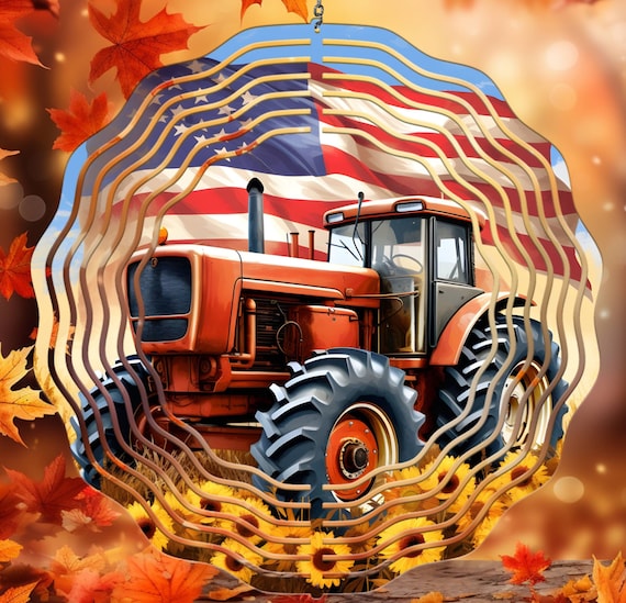 Orange Tractor with Flag, Sunflowers, 10" Wind Spinner. Optional Spiral Tail Available, FAST SHIPPING!