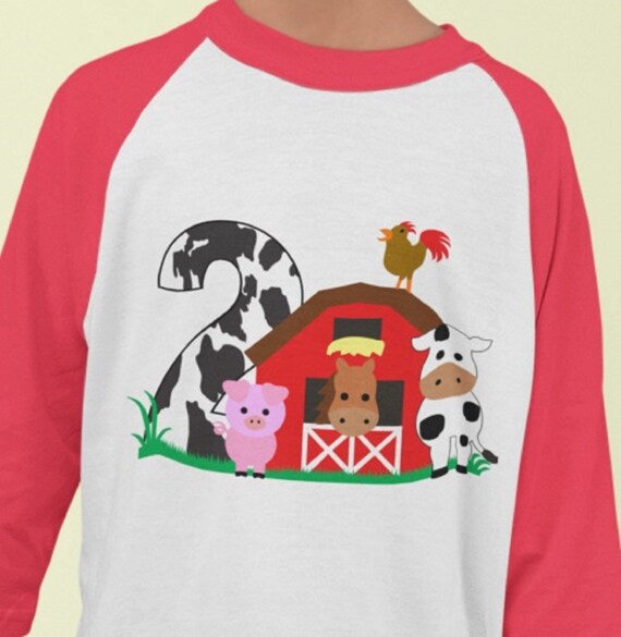 2nd Birthday on the Farm Toddler T-shirt, Size 3, Red or Black Raglan Sleeves, Name can be added under the image.