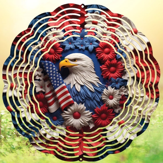 3D Look Eagle Flag Flowers 10" Wind Spinner, Great for Memorial Day & 4th of July, Optional Spiral Tails Available, FAST SHIPPING!