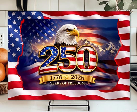 Beautiful 250 Years of Freedom USA Large 15"x11" Tempered Glass Cutting Board, FAST SHIPPING!