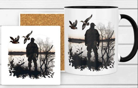 Duck Hunter Coffee Mug, Standard 11-0z Mug, Optional Matching Ceramic Coaster Available, FAST SHIPPING!