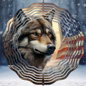 May include: A metal wind spinner with a wolf and an American flag design. The wolf is brown and gray with a white background. The flag is red, white, and blue. The wind spinner is a circular shape with multiple layers.