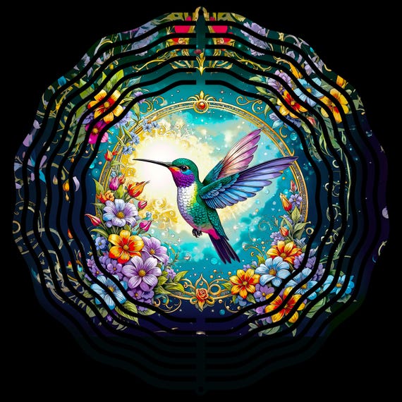Beautiful Hummingbird with Colorful Flowers on your choice of 8" or 10" Wind Spinner, Optional Spiral Tail Available, FAST SHIPPING!