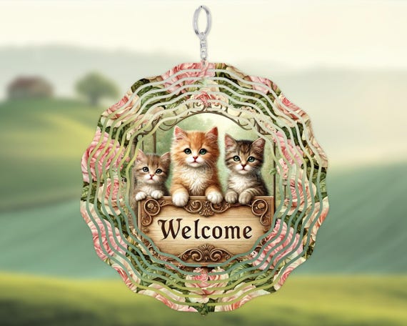 Adorable Kitten Welcome 10" Wind Spinner, Optional Spiral Tail Available, FAST SHIPPING!