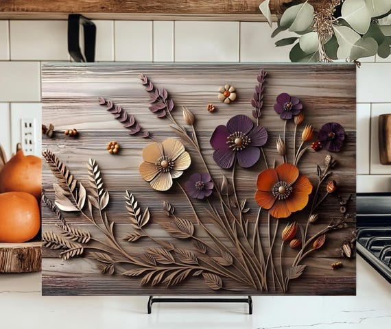 Tempered Glass Beautiful 3D-Look Rustic Farmhouse Floral Cutting Board, Choice of Size, Charcuterie or Cheese Board, Hot pad, Kitchen Decor