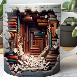 May include: White ceramic mug featuring a trompe-l'oeil design of a wall with a hole revealing a library of books. The books are various colors, including red, brown, and blue. The mug has a white handle and a glossy finish.