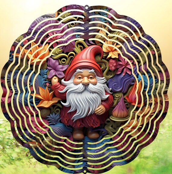 Gnome with Flowers 10" Wind Spinner, Optional Spiral Tail Available, FAST SHIPPING!