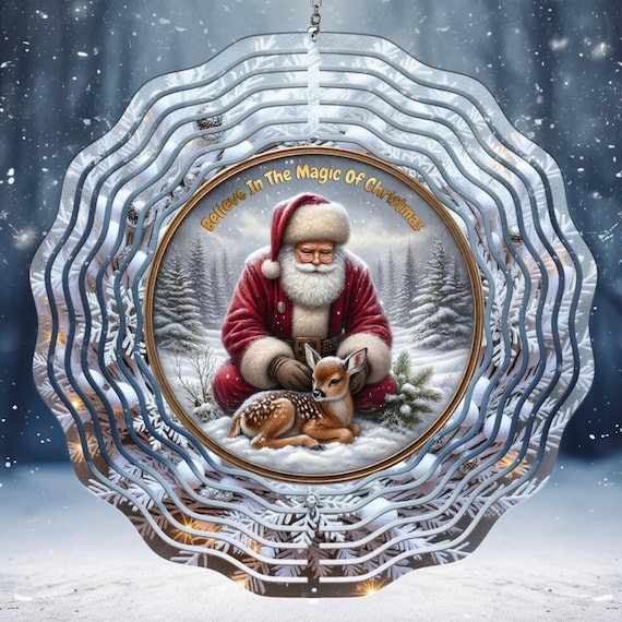 Believe in the Magic of Christmas, with Santa, Fawn & Heartwarming Message on 8", 10" or 12" Spinner, Spiral Tail Available, FAST SHIPPING!
