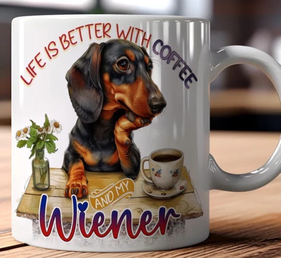 Adorable WIENER or DACHSHUND LARGE 15-oz Mug. Other Breeds Available, Fast Shipping!