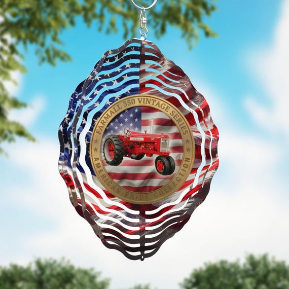 Farmall with American Flag on your choice of an 8" or 10" Wind Spinner, Optional Spiral Tail Available, Fast Shipping!