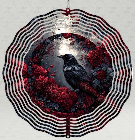 Raven & Roses on your choice of an 8", 10" or 12" Wind Spinner, Optional Spiral Tail Available, FAST SHIPPING!