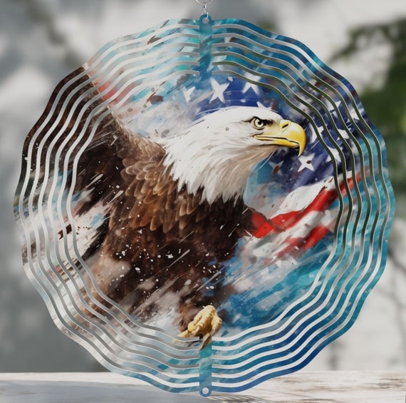 Majestic Eagle with American Flag 10" Wind Spinner, Optional Spiral Tail Available, FAST SHIPPING!