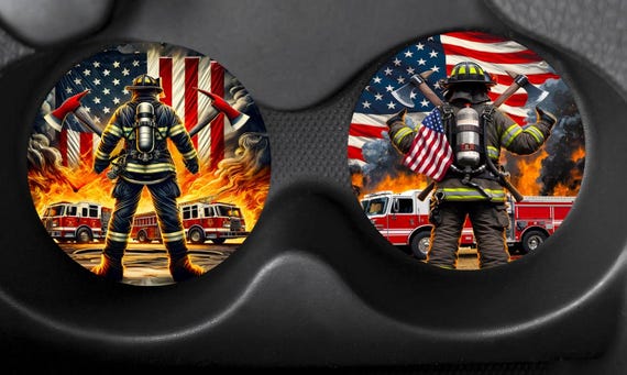 Set of 2 Firefighter Car Cup Coasters, Fast FREE Shipping!