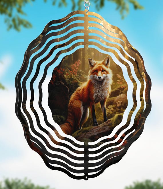 Beautiful Fox in the Forest, 8" or 10" Wind Spinner, Optional Spiral Tail Available, FAST SHIPPING!