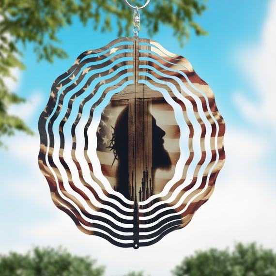 American Flag Cross Jesus Sillouette on your choice of an 8" or 10" Wind Spinner, Optional Spiral Tail Available, FAST SHIPPING!