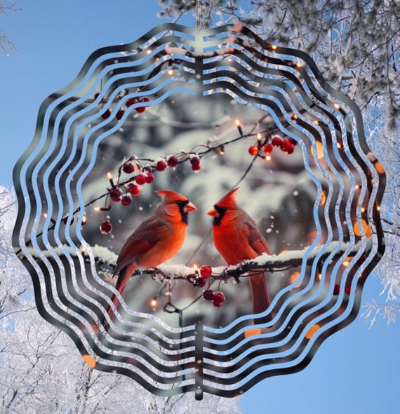Beautiful 10" Wind Spinner with 2 Red Cardinals on Winter Branches, Item #SP318, Optional Spiral Tail Available, FAST SHIPPING!