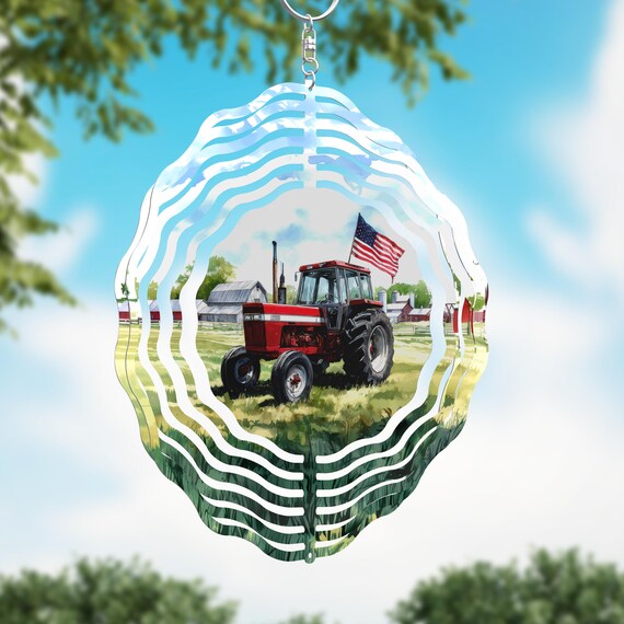 Patriotic Red Tractor with Flag on your choice of an 8" or 10" Wind Spinner, Optional Spiral Tail Available. FAST SHIPPING!