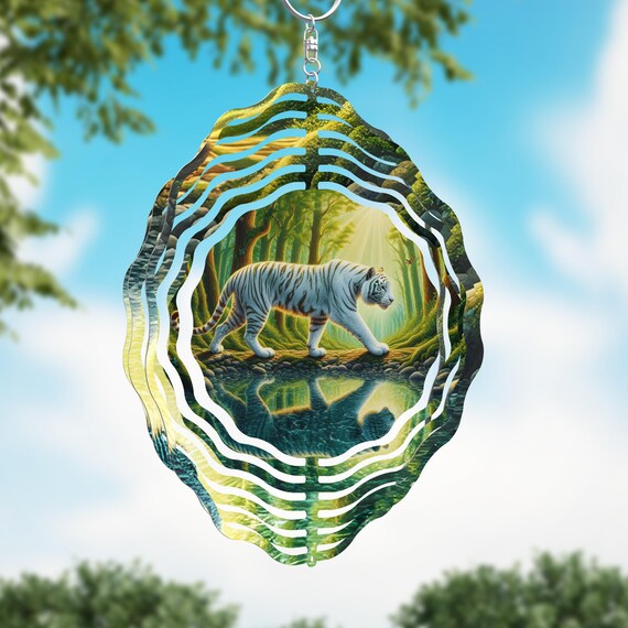 White Tiger, Stream, Forest on your choice of an 8" or 10" Wind Spinner, Optional Spiral Tail Available, FAST SHIPPING!