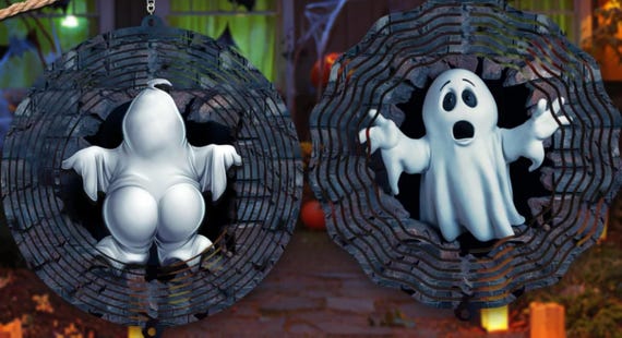 Cute Ghost 10" Wind Spinner, Back & Front,  Item #SP242, Optional Spiral Tail Available, FAST SHIPPING!