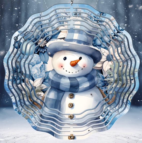 Beautiful Snowman with Blue Plaid 10" Wind Spinner, Optional Spiral Tail Available, Great Gifts! FAST SHIPPING!