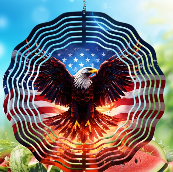Beautiful Eagle & Flag 10" Wind Spinner, Optional Spiral Tail available. FAST SHIPPING!