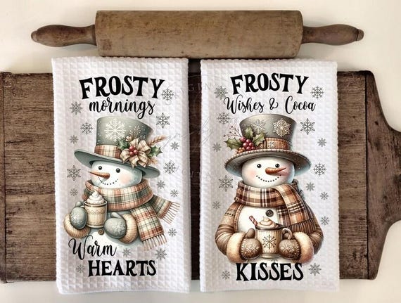 Cute "Frosty" Waffle Weave Kitchen Towels, 2 Styles, FAST SHIPPING