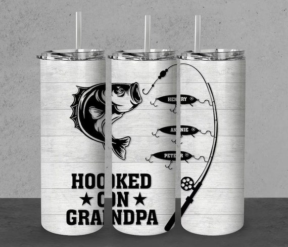 Hooked on Grandpa, Daddy or Papa 20 oz Double-Wall Stainless Steel Tumbler Personalized with kids' names, FAST SHIPPING!