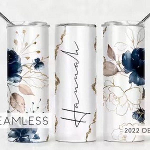 Blue Floral Tumbler Personalized with YOUR NAME!  Great Gift! Fast Shipping!