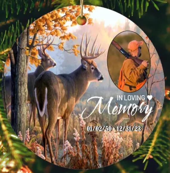 In Memory of a Hunter ornament, Includes photo and dates.  Can add optional personal message to back.  Includes Gift Box, FAST SHIPPING!