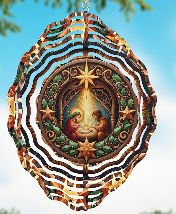 Bright, Colorful Nativity Scene on 10" Wind Spinner, Item #SP319, Optional Spiral Tail Available, FAST SHIPPING!