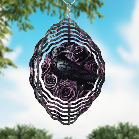 Gothic Raven Crow, Purple Roses Wind Spinner, Choice of 8", 10" or 12" Spinners, Optional Spiral Tail Available, FAST SHIPPING!