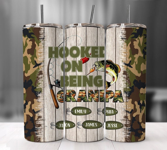 Hooked on Being Grandpa Personalized 20 oz Double-Wall Stainless Steel Tumbler, FAST SHIPPING!