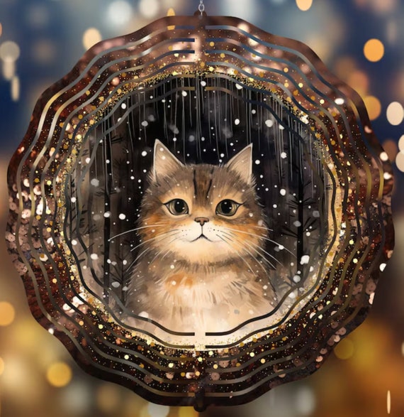 Cute Cat in Snowy Window, 10" Wind Spinner, Optional Spiral Tail Available, FAST SHIPPING!