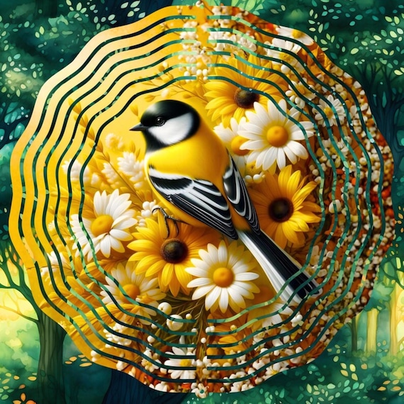Bright, beautiful floral Goldfinch on your choice of an 8" or 10" Wind Spinner, Optional Spiral Tail Available, FAST SHIPPING!