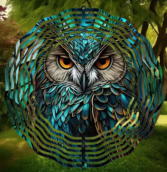Beautiful 10" Owl Wind Spinner with "Stained Glass Look", Item #SP284, Optional Spiral Tail Available, FAST SHIPPING!
