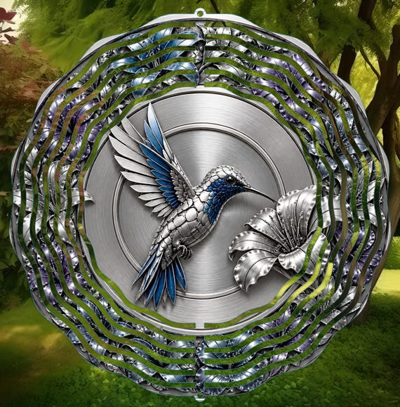 Hummingbird 3D-Look Metallic Floral Art on your choice of 8", 10", or 12" Wind Spinner, Optional Spiral Tails Available, FAST SHIPPING!