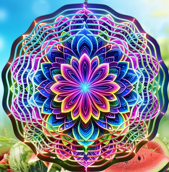 Beautiful Neon Mandala 10" Wind Spinner, Optional Spiral Tail Available, FAST SHIPPING!