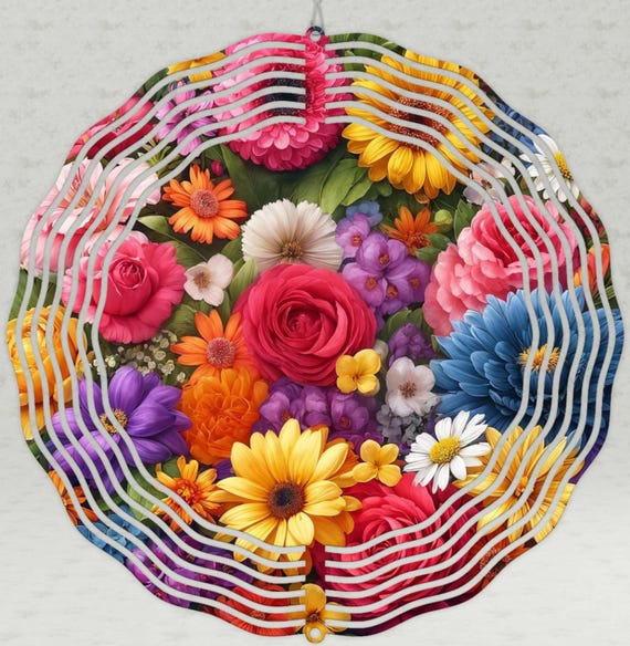 Vibrant Colorful Floral 10" Wind Spinner, Item #2 Optional Spiral Tail Available. All Weather, FAST SHIPPING!