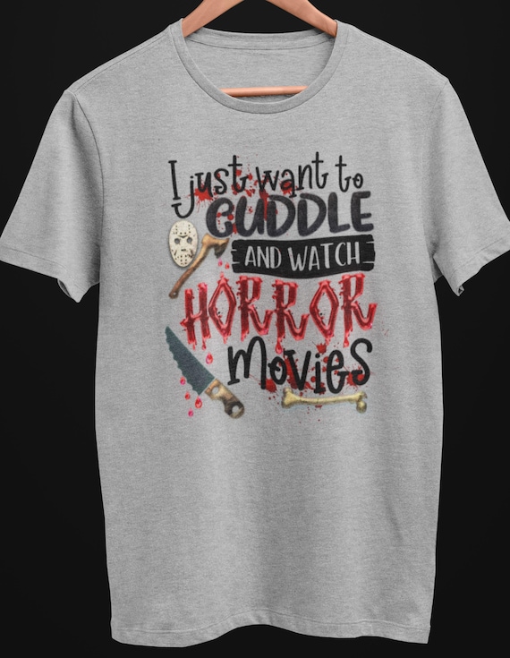 CLEARANCE!  "I Just Want to Cuddle and Watch Horror Movies" Heather Gray Medium Unisex Crew Neck T-Shirt. FAST SHIPPING!