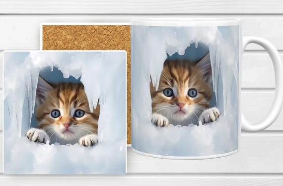Cute 3D-Look Kitten Hole-in-a Wall 11 oz Mug, Optional Matching Ceramic Coaster Available, FAST SHIPPING!