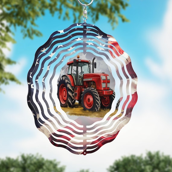RED or GREEN Tractor with American Flag on your choice of an 8" or 10" Wind Spinner, Optional Spiral Tail Available, Fast Shipping!