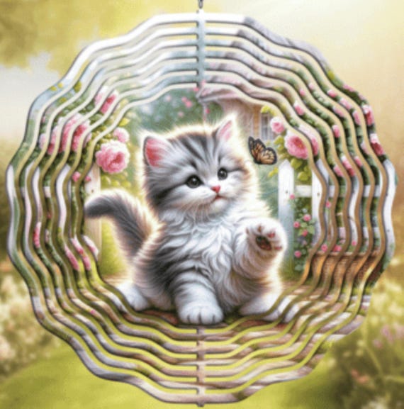Adorable Grey Kitten 10" Wind Spinner, Item #SP330, Optional Spiral Tail Available. All Weather, FAST SHIPPING!