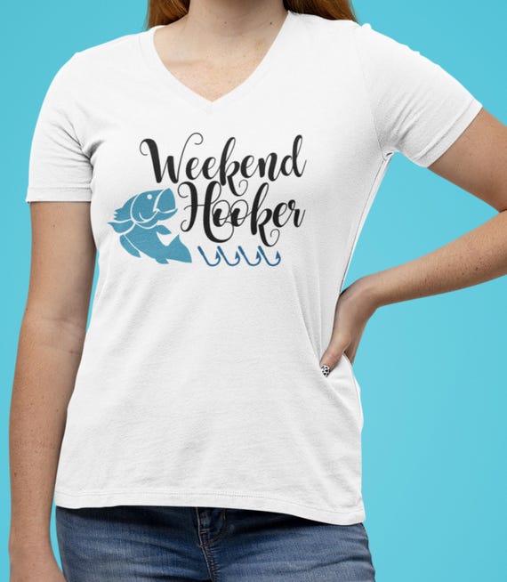 CLEARANCE! Fun Fishing T-Shirt, Weekend Hooker, WOMEN'S Size Large White V-Neck, Fun Gift! Fast Shipping!