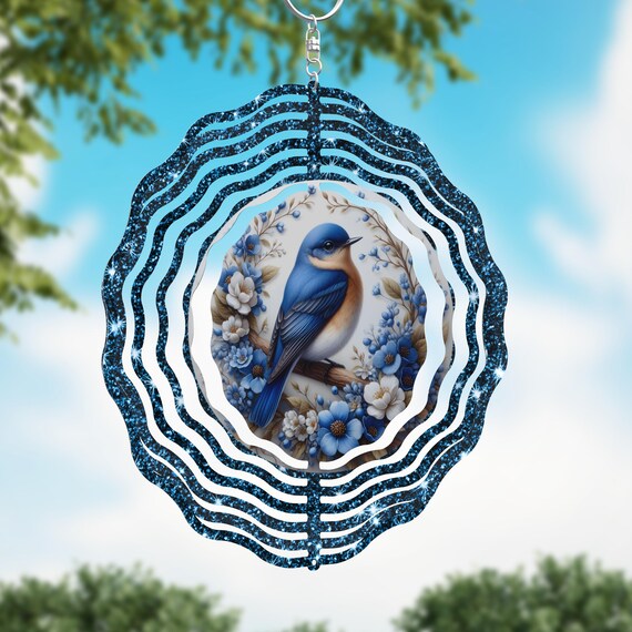 Stunning Bluebird with glittery-look border on 8" or 10" Wind Spinner, Optional Spiral Tail Available. FAST SHIPPING!
