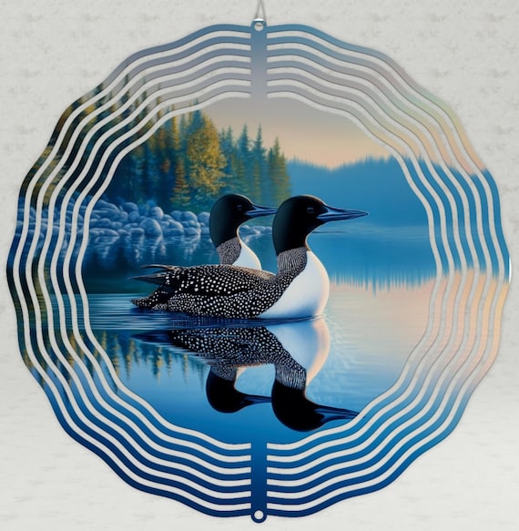 Pair of Loons on Lake Wind Spinner, Choice of 8", 10" or 12" Size Spinner, Optional Spiral Tail Available, FAST SHIPPING!