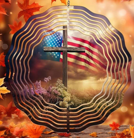 Beautiful God's Country Spinner with Cross and Flag, 10" Wind Spinner, Optional Spiral Tail Available, FAST SHIPPING!