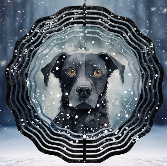 Adorable Black Lab Looking out Window on Snowy Day, 10" Wind Spinner, Optional Spiral Tail Available, Item #SP305, FAST SHIPPING!